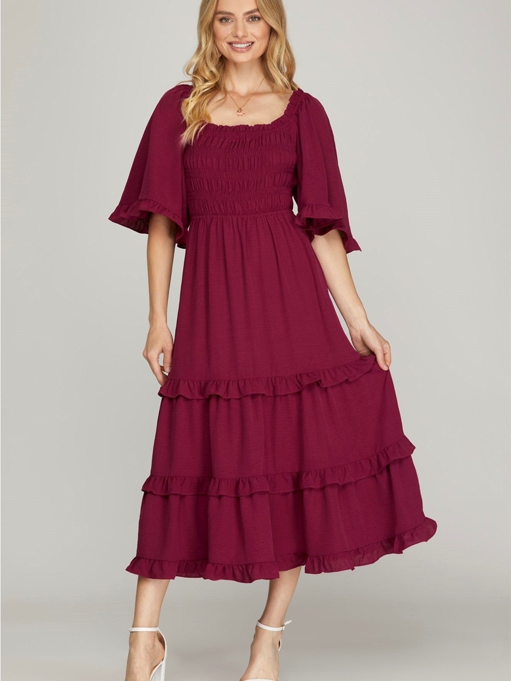 She + Sky Burgundy Tiered Maxi Dress with Smocked Bodice